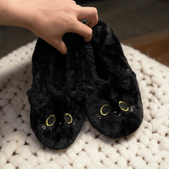 Schwarze Katze - Plüsch-Hausschuhe mit Katzengesicht