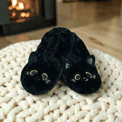 Schwarze Katze - Plüsch-Hausschuhe mit Katzengesicht