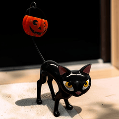 Schwarze Katze Statue mit hängender Kürbislaterne XXL Halloween Deko
