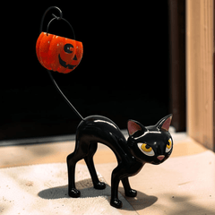 Schwarze Katze Statue mit hängender Kürbislaterne XXL Halloween Deko