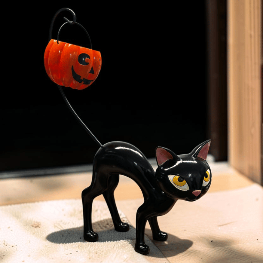 Schwarze Katze Statue mit hängender Kürbislaterne XXL Halloween Deko