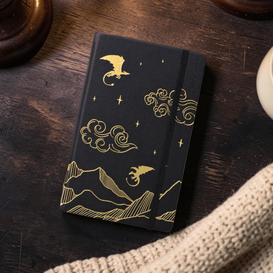 Drachenreiter A5 Notizbuch - schwarz goldenes Fantasy Notizbuch mit Drachen Symbolik