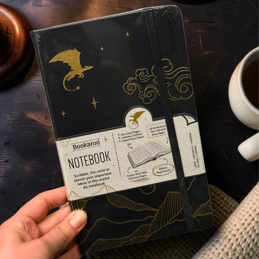 Drachenreiter A5 Notizbuch - schwarz goldenes Fantasy Notizbuch mit Drachen Symbolik