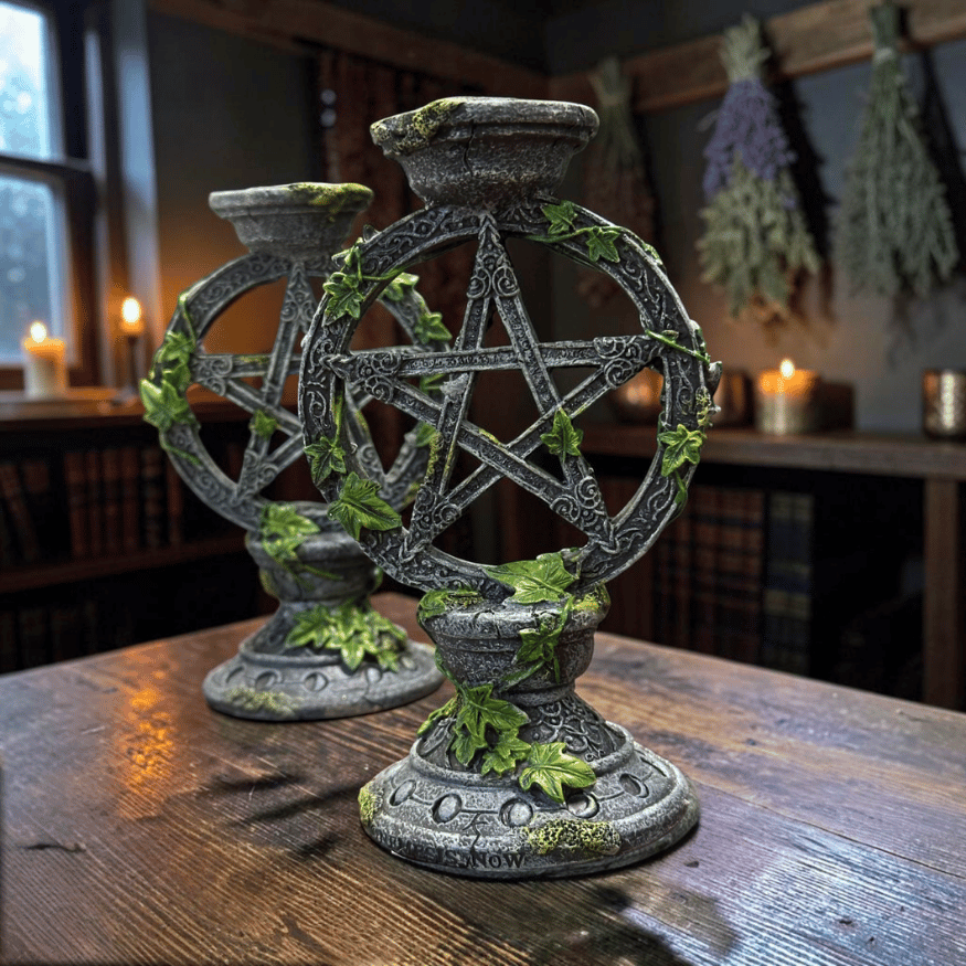 Kerzenständer-Set Pentagramm – 2 gotische Kerzenhalter mit Efeu