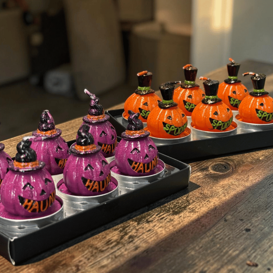 Handbemalte Kürbis- und Hexenlichter - Halloween-Teelicht-Set