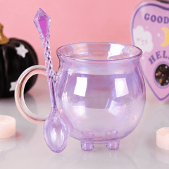 Doppelwandige Hexenkessel-Tasse aus lila Glas mit Löffel