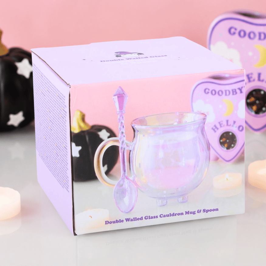 Doppelwandige Hexenkessel-Tasse aus lila Glas mit Löffel