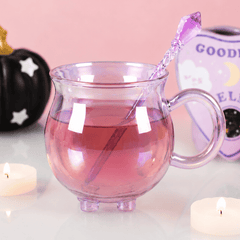 Doppelwandige Hexenkessel-Tasse aus lila Glas mit Löffel