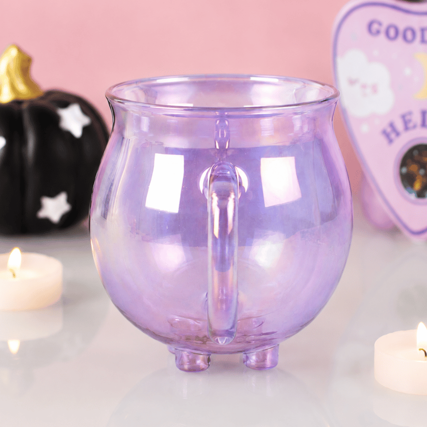 Doppelwandige Hexenkessel-Tasse aus lila Glas mit Löffel