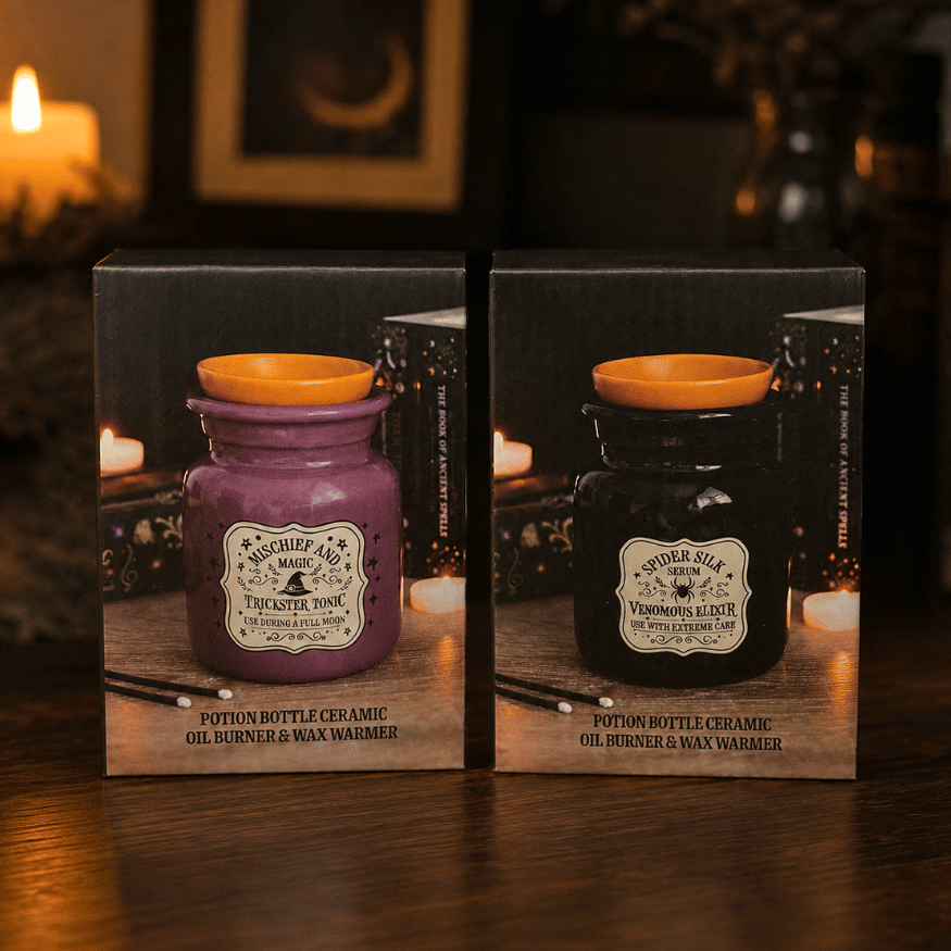 Violette Duftlampe in Zaubertrankflaschen-Optik – Schabernack und Magie