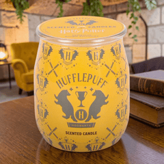 Harry Potter Duftkerze Hufflepuff – Kerze im Wappen-Glas mit Pfirsich & Honig