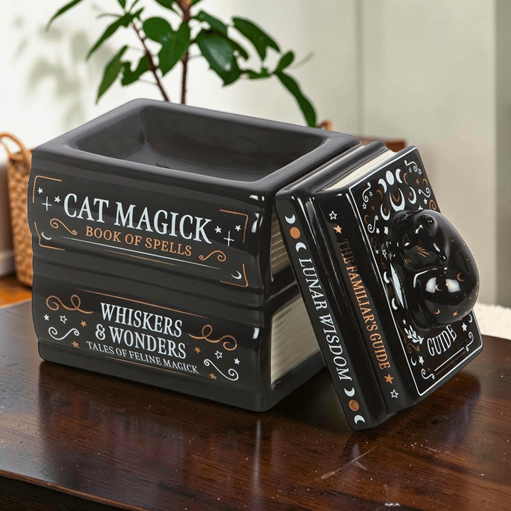 Schwarze Katze Duftlampe Bücherstapel – Witchy Öl & Wax Wärmer
