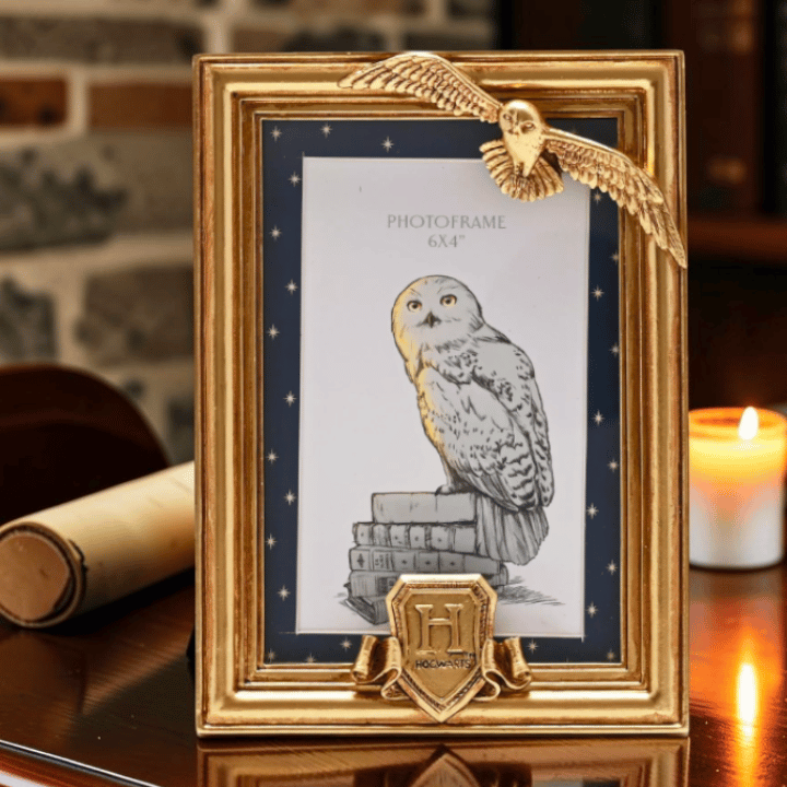 Harry Potter Bilderrahmen Hedwig – Goldener Fotorahmen mit 3D-Eule