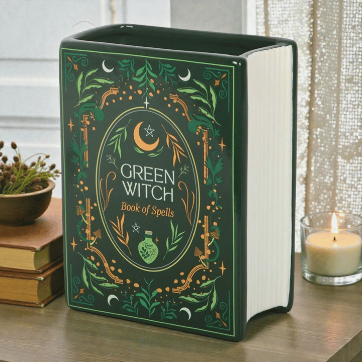 Green Witch Buchvase – grüne Keramikvase im Grimoires-Design