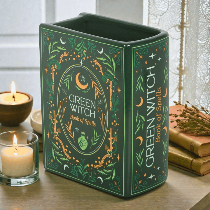 Green Witch Buchvase – grüne Keramikvase im Grimoires-Design