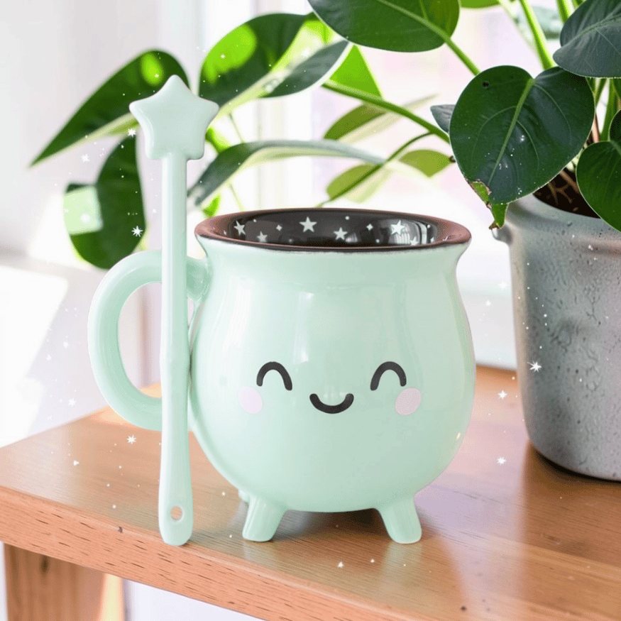 Hexenkessel-Tasse in Mintgrün mit Zauberstab-Rührer