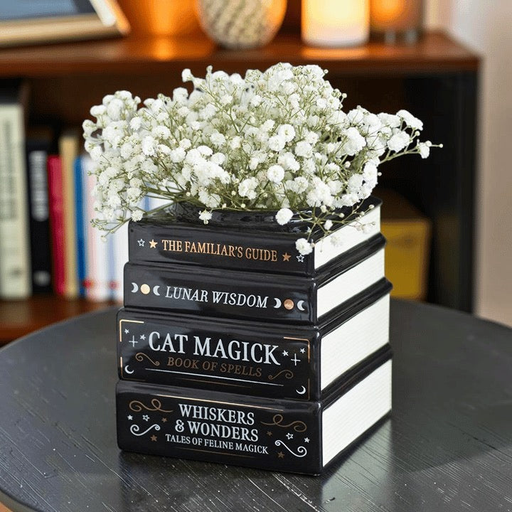 Katzenmagie Vase „Bücher der Magie“ – Witchy Deko Blumenvase