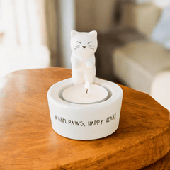 Katzen Teelichthalter Keramik – Warm Paws Happy Heart