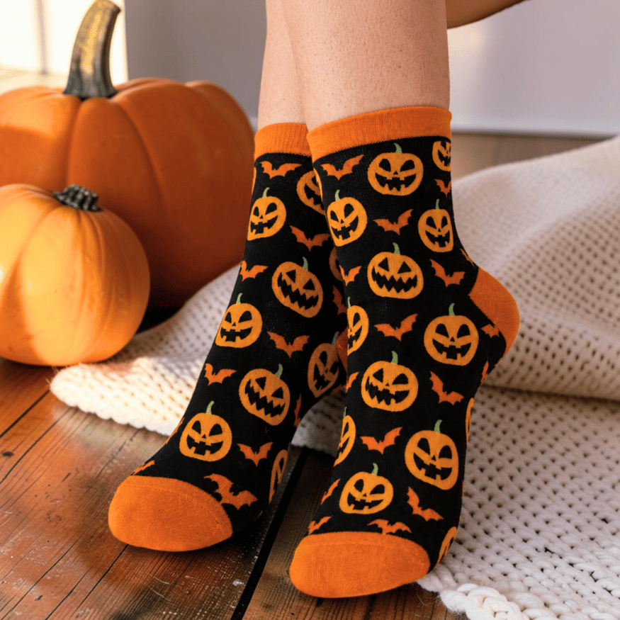 Halloween-Socken mit Kürbis- und Fledermaus-Motiv