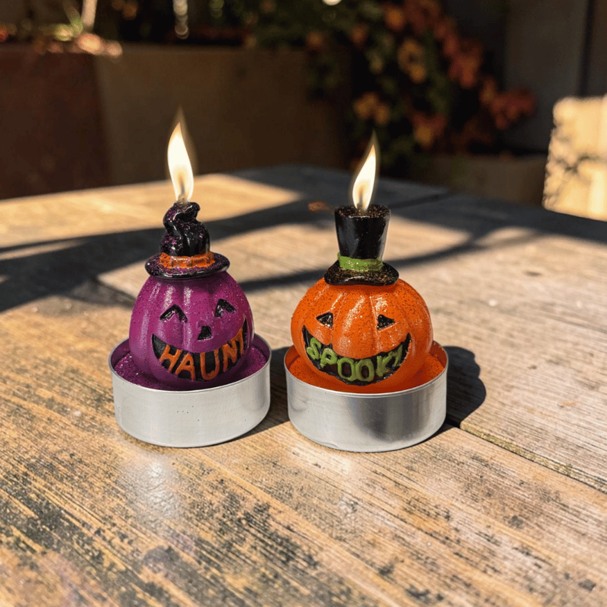 Handbemalte Kürbis- und Hexenlichter - Halloween-Teelicht-Set