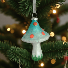 Leuchtende Pilz-Ornamente aus Glas – 4er Set Weihnachtsbaum-Anhänger mit Glow-Effekt