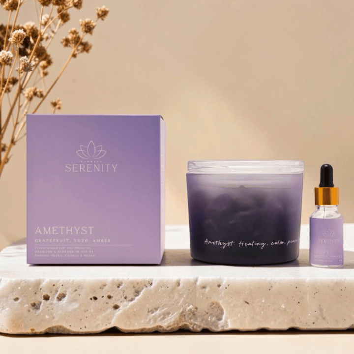 Amethyst Geschenkset – Duftkerze, Diffuser & Kristallschale mit echtem Amethyst