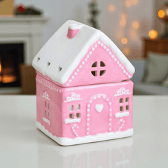Rosa Lebkuchenhaus Duftlampe – Keramik-Ölbrenner für Winter & Weihnachten
