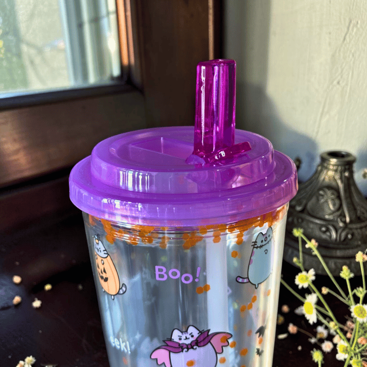 Spooky Pusheen Becher Summerween – Trinkbecher 500ml mit Deckel und Strohhalm