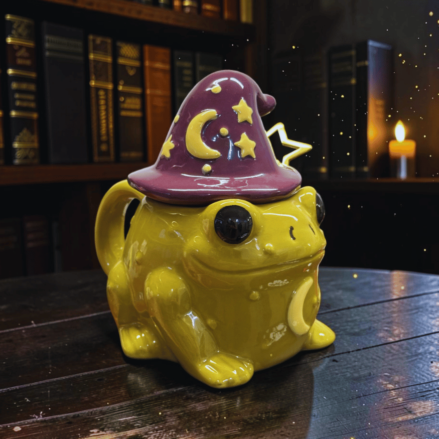 Tasse magische Kröte – Keramiktasse mit Hexenhut und Sternlöffel