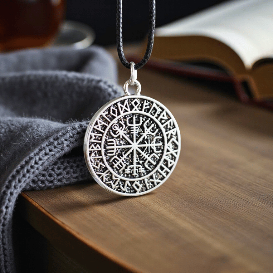 Vegvísir Halskette – Wikinger Kompass am schwarzen Band