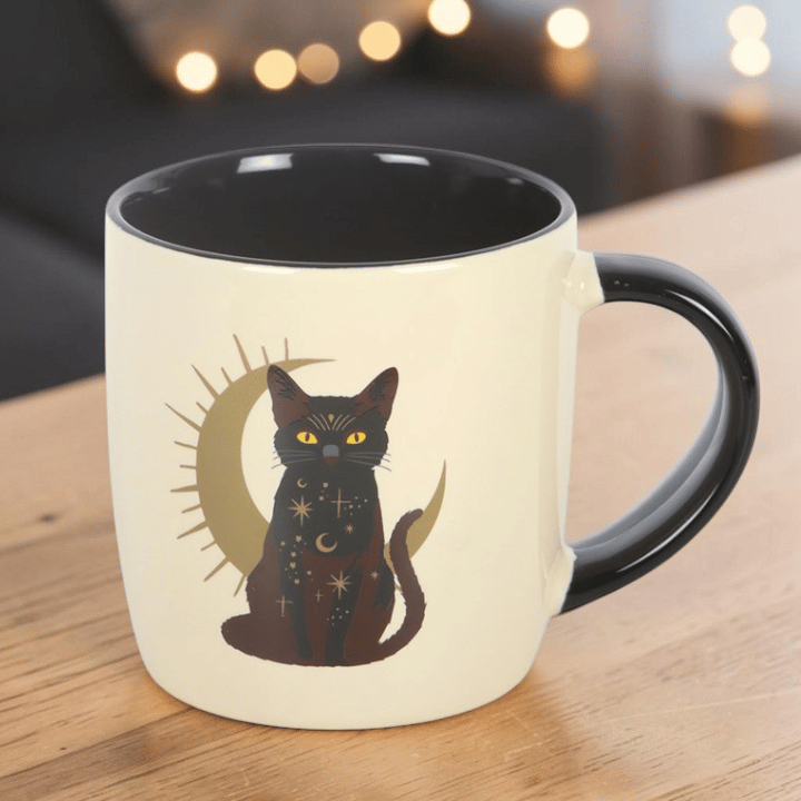 Schwarze Katze Tasse mit Mond – Witchy Kaffeetasse für Katzenliebhaber