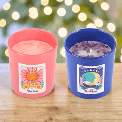 Kerzen-Set Sonne & Mond – 2 Kristall-Kerzen mit Amethyst & Rosenquarz