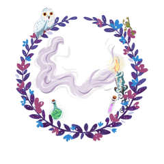Portrait Hintergrund violett lila für unentschlossene Zauberschüler die jedes Haus mögen, weiße Eule, Frosch, große Kerze und Zaubertrankfläschchen